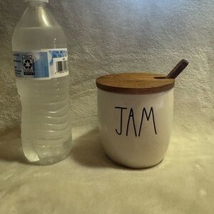 White Ceramic Jam Jar with Wooden Lid and Spoon